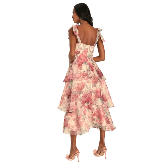 Lulus Blush Floral Organza Tie-Strap Tiered Playfully Posh Midi Dress SIze L - Picture 9 of 13
